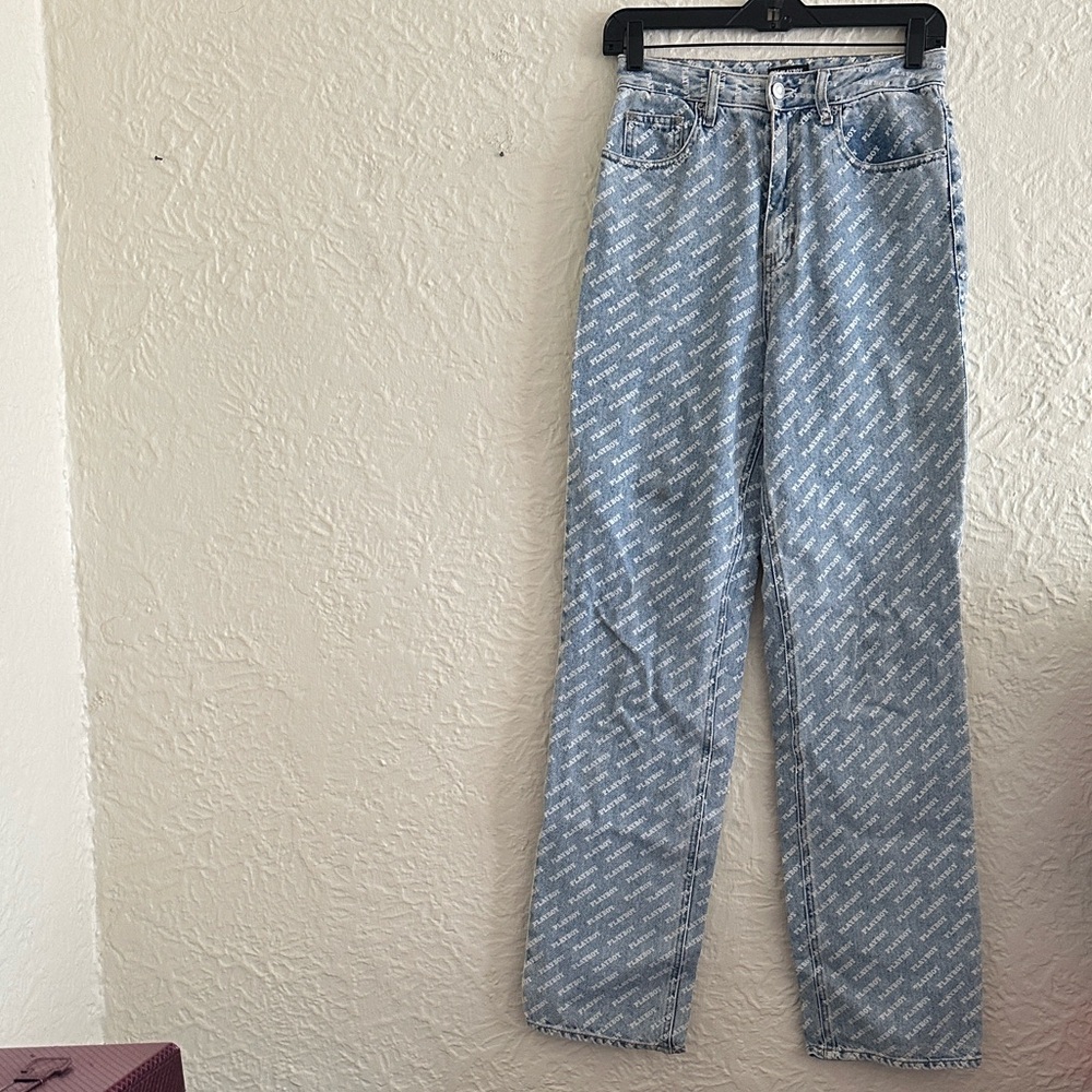 Playboy by PacSun Allover White Logo Light Wash High Rise Straight Leg Jeans 26